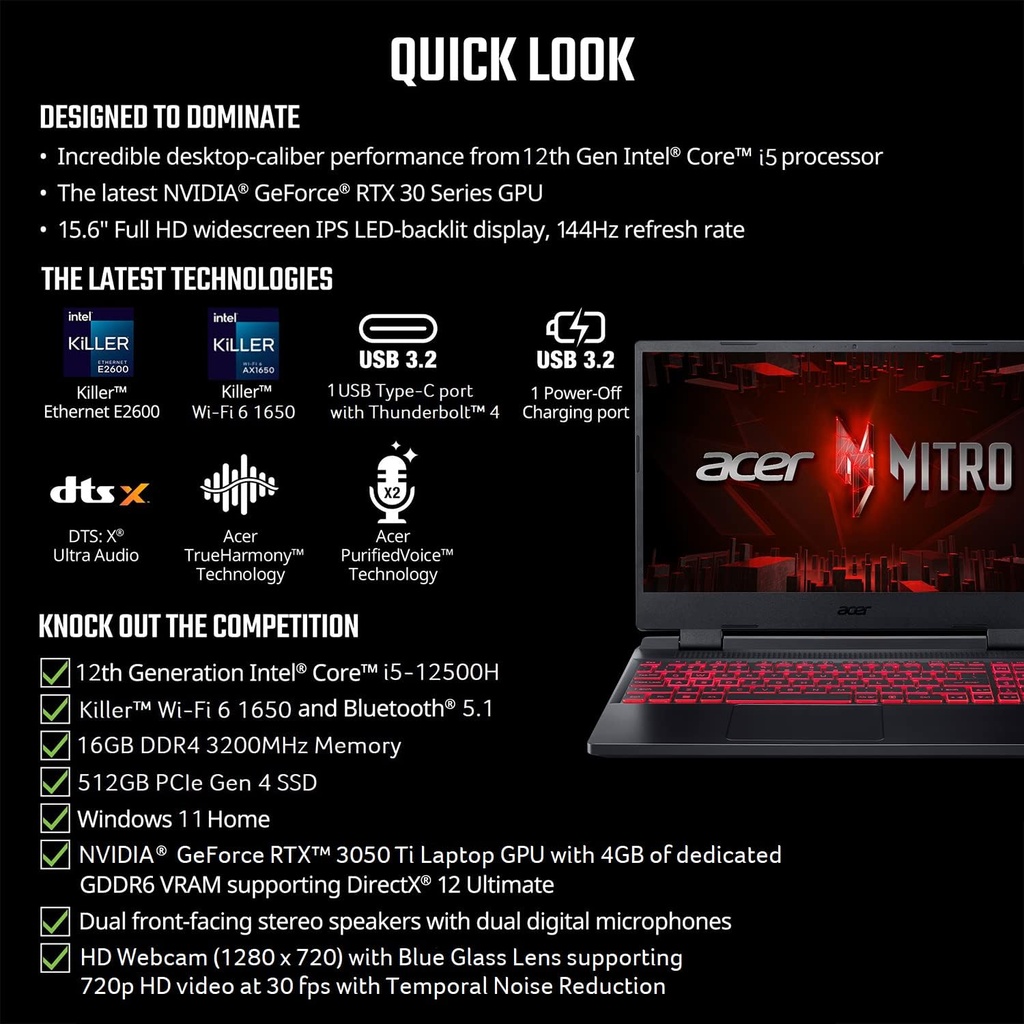 Portátil para juegos - Acer Nitro 5 AN515-58 AN515-58-57Y8 15,6" - Full HD - 1920 x 1080 - Intel Core i5 12a Gen i5-12500H Dodeca-core (12 Core) 2,50 GHz - 16 GB Total RAM - 512 GB SSD - Negro obsidiana Open Box