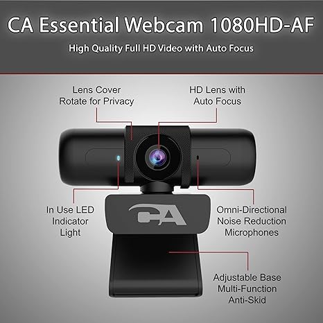 Cyber Acoustics CA Essential Webcam 1080HD-AF – USB Webcam with Microphone for Desktop or Notebooks, 1080p Webcam, HD Auto-Focus and Light Correction, Omni-Directional Microphone