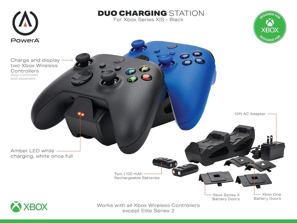 PowerA Estación de carga Duo para Xbox Series X|S - Negro, carga de controlador inalámbrico, carga, batería recargable, Xbox Series X|S, Xbox One