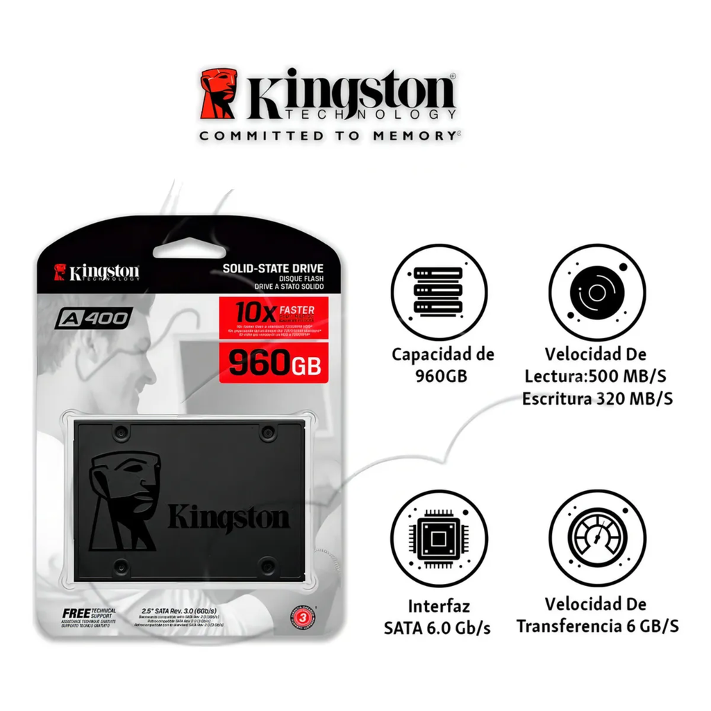 Kingston A400 960GB – SSD Interno 2.5" SATA III, Lectura Rápida, Ideal para Actualizar Laptops y PC