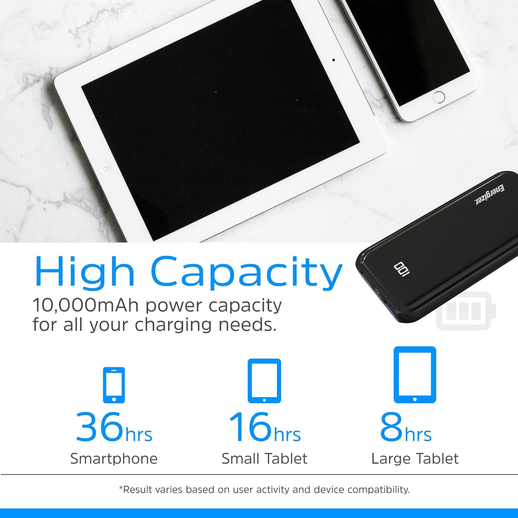 Energizer Power Bank 10,000mAh – Carga Rápida USB-C, Compacto y Portátil, Fast Charging, Color Negro