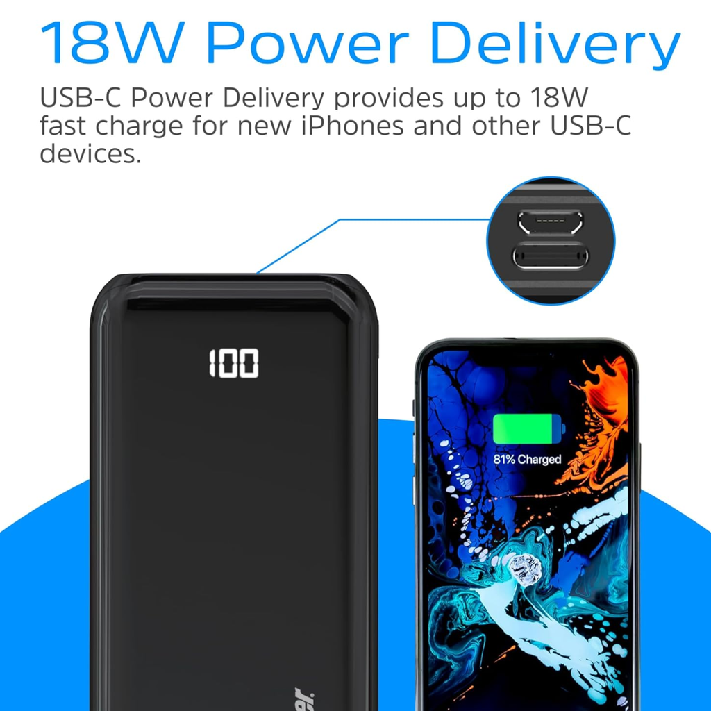 Energizer Power Bank 10,000mAh – Carga Rápida USB-C, Compacto y Portátil, Fast Charging, Color Negro