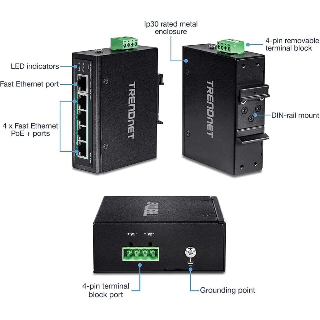 Switch Industrial Trendnet de 5 puertos, DIN-Rail PoE+ Fast Ethernet