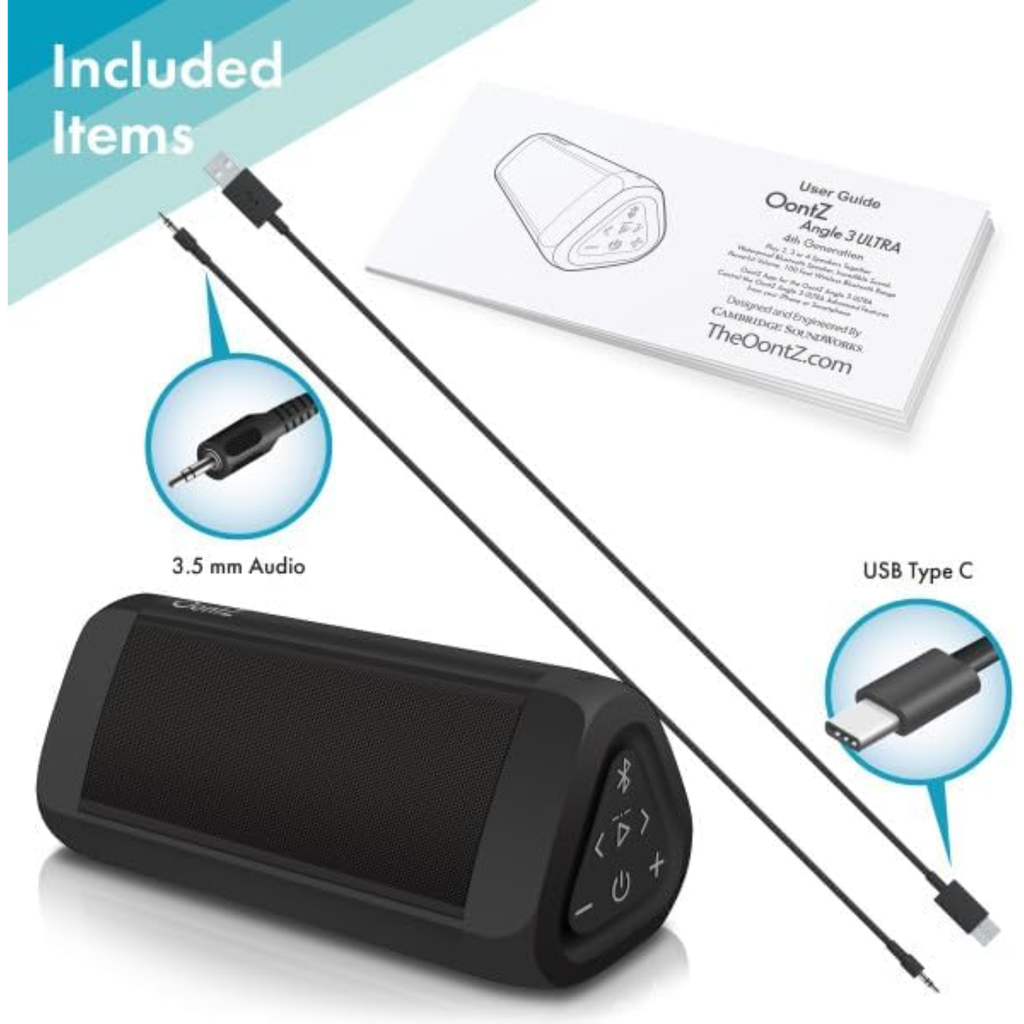 OontZ Angle 3 Ultra Black – Bocina Bluetooth 5.0 Portátil 14W, Waterproof IPX7, Alcance 100 ft, Sonido Estéreo Potente