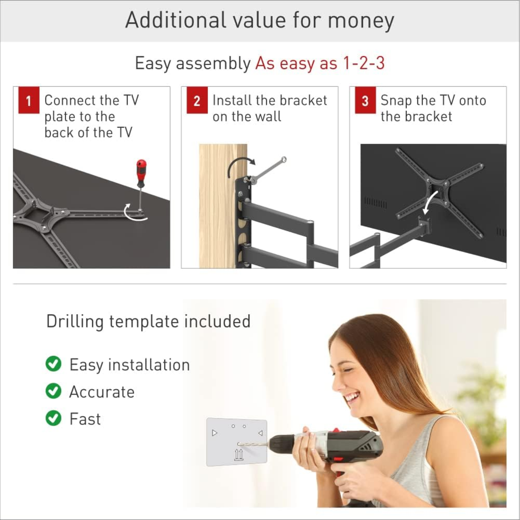 Barkan Soporte de Pared para TV 13"–65" – Brazo Largo Full Motion, Articulado 4 Movimientos, Compatible con Pantallas Planas y Curvas