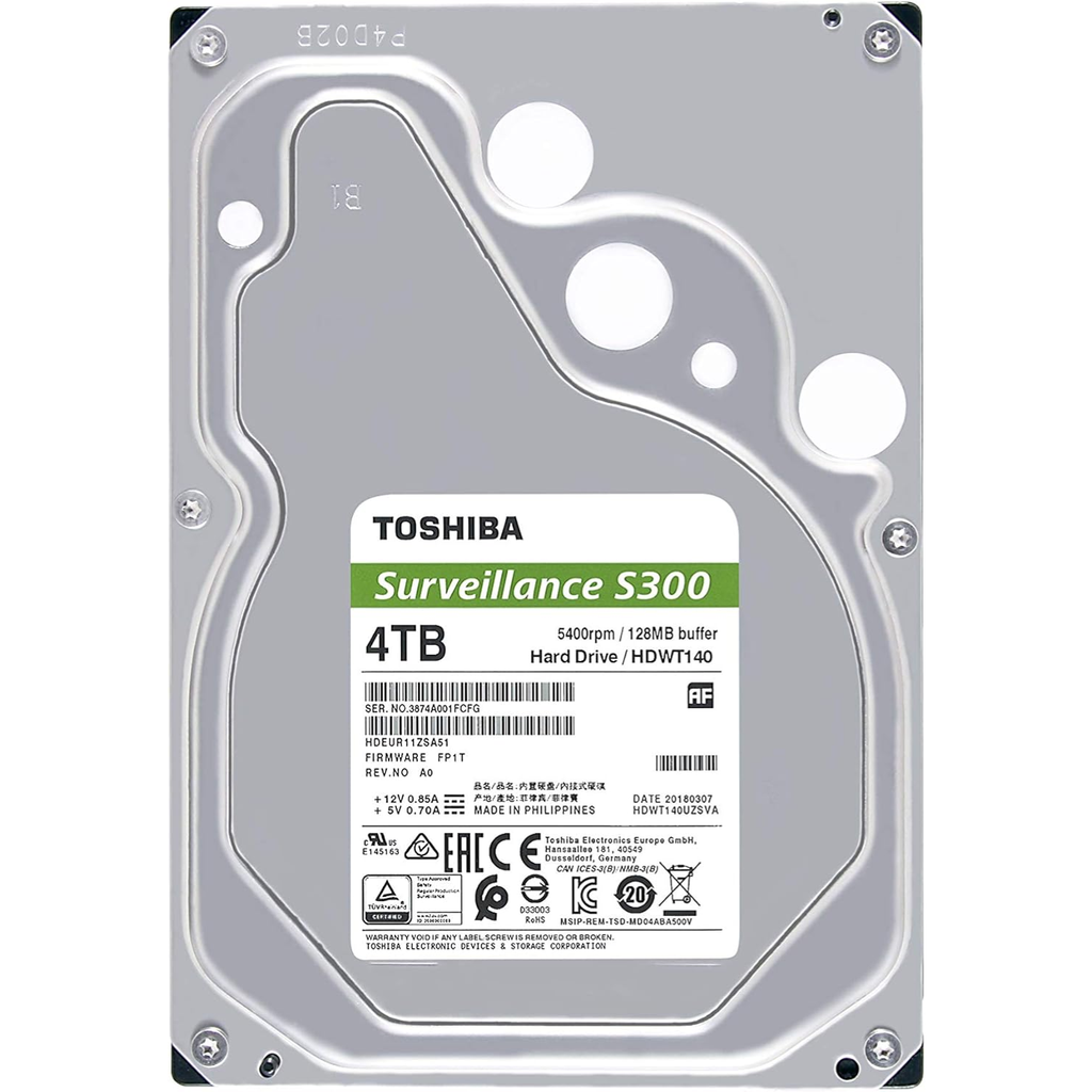 Toshiba S300 Surveillance 4TB – Disco Duro 3.5″ SATA III 6Gb/s, 5400RPM, 128MB Caché, Ideal para Videovigilancia 24/7