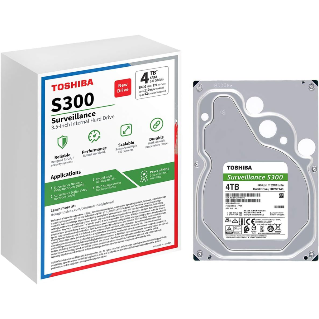 Toshiba S300 Surveillance 4TB – Disco Duro 3.5″ SATA III 6Gb/s, 5400RPM, 128MB Caché, Ideal para Videovigilancia 24/7