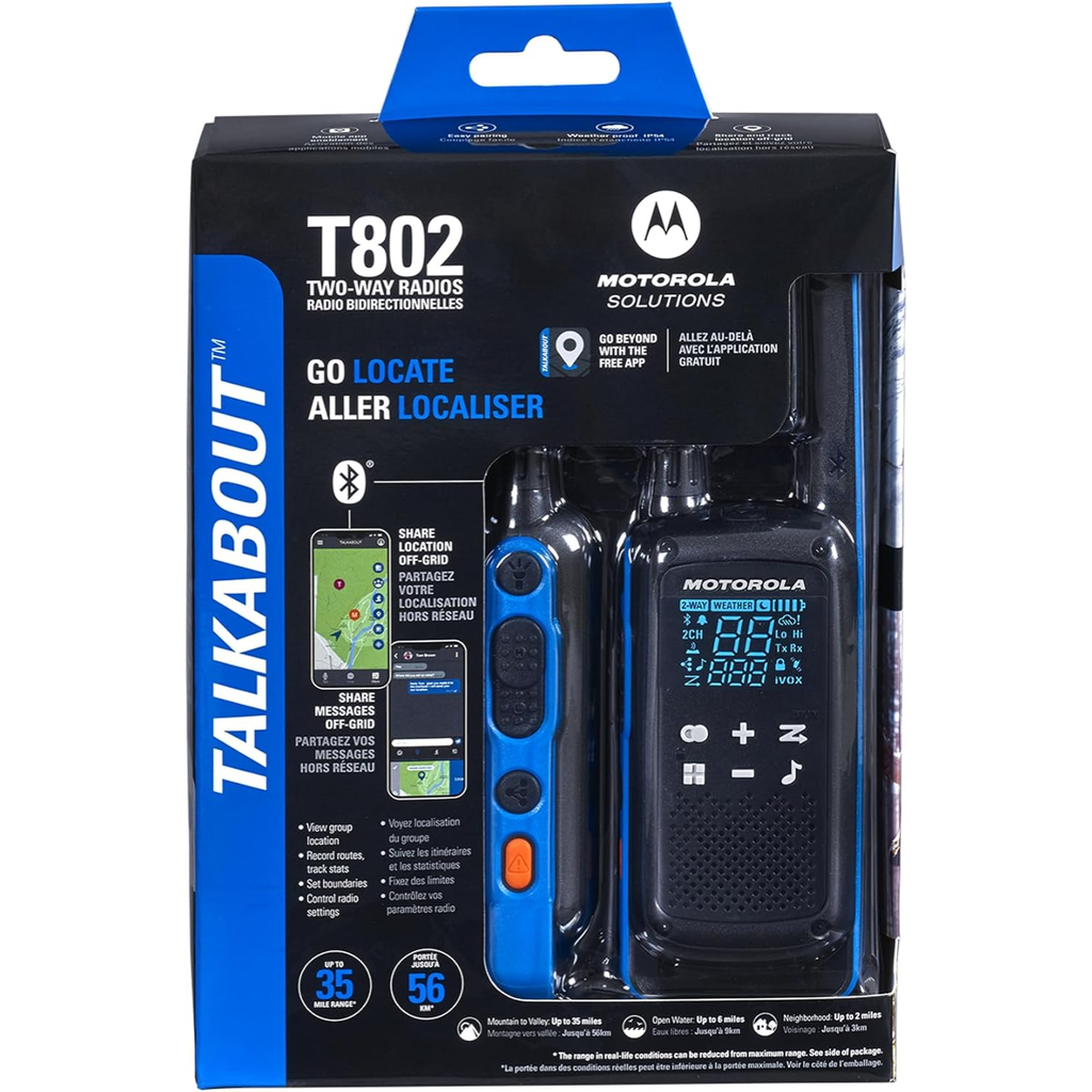 Motorola Talkabout T802 Black/Blue – Paquete de 2 Walkie Talkies, Bluetooth, Mensajería Off-Grid, GPS vía App, Emergencias Outdoor, Largo Alcance