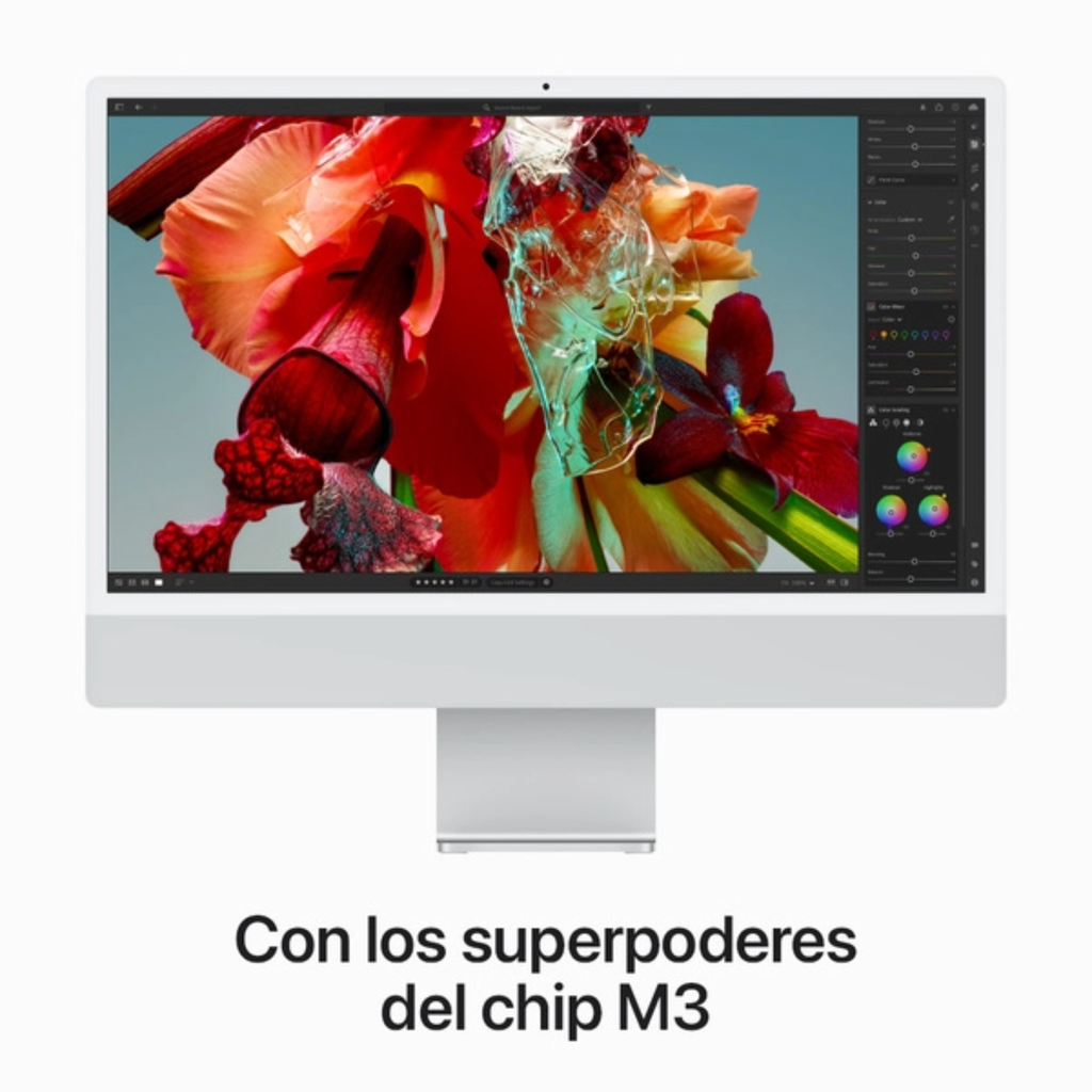 Apple iMac 24″ M3 – All-in-One 4.5K Retina, 8-Core CPU, 10-Core GPU, 8GB RAM, 256GB SSD, Silver, Teclado y Mouse Español Chile