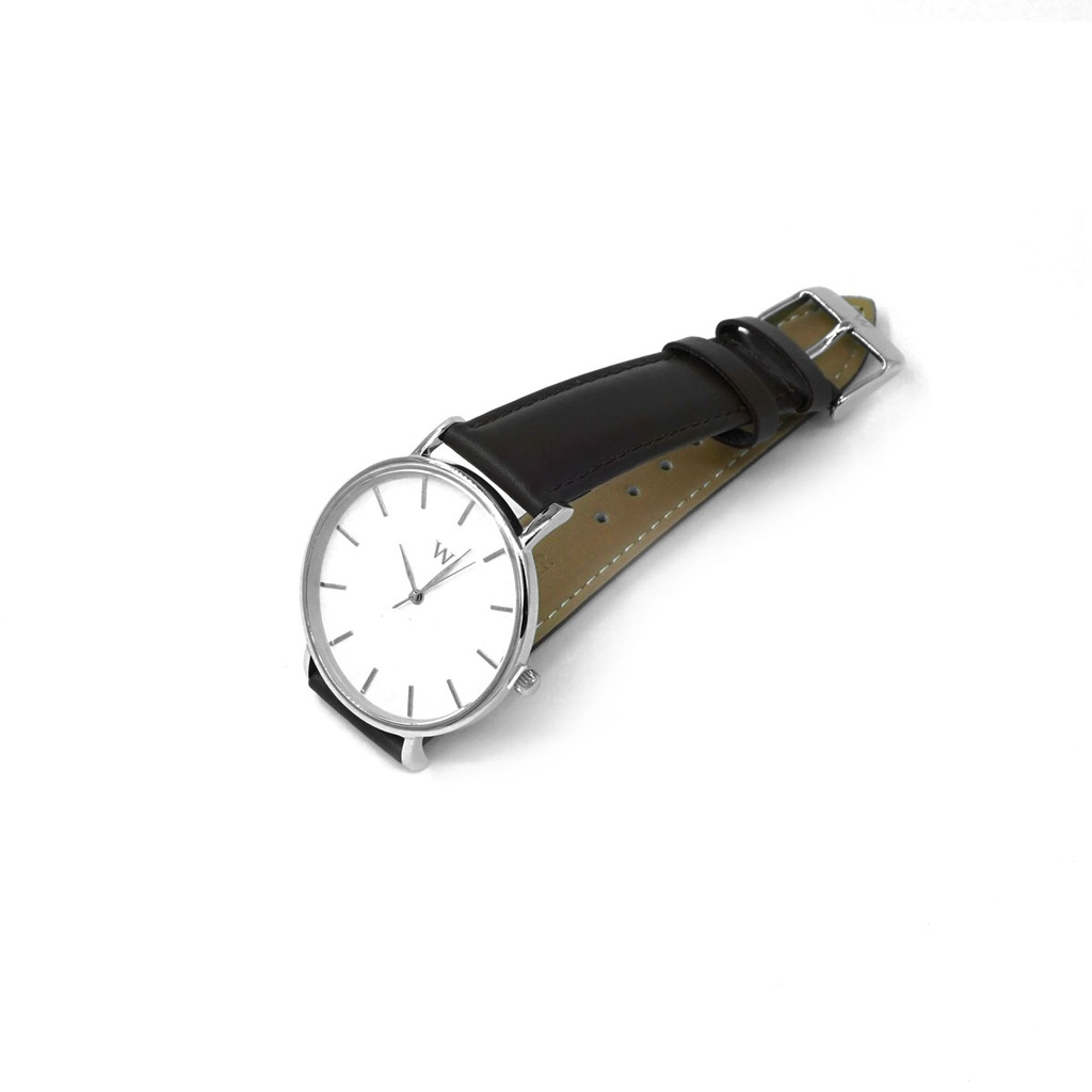 Reloj de Pulsera Wanderlust, Esfera Blanca con correa negra de cuero y negra de nylon - Plateado