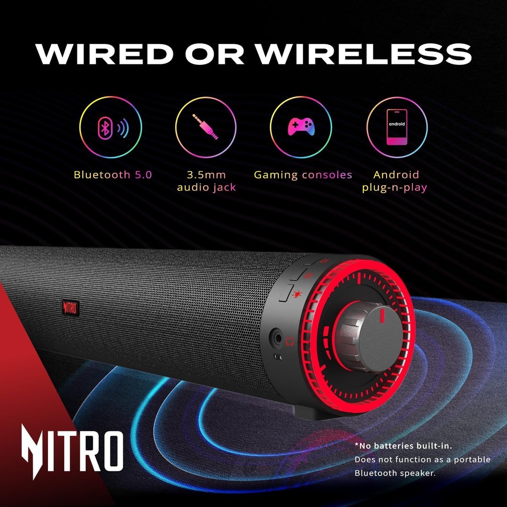 Acer Nitro 2.0 Bluetooth USB Computer Speakers Gaming Soundbar for Laptop Desktop Monitor Tablet Phone via USB/USB-C on PC Mac & Android, Nitro Pulse RGB Lights, 3.5mm Audio, Xbox PS5