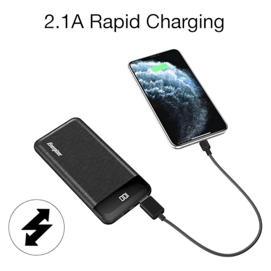 Energizer Power Bank - 10000mAh High Capacity Lithium Polymer Portable Charger, Lightweight, Fast Charging, Dual USB Outputs,