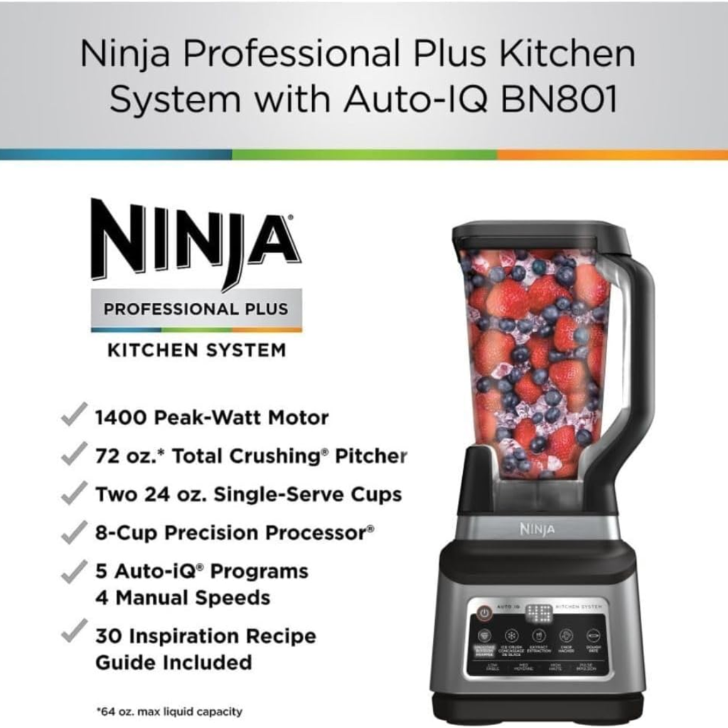Ninja Professional Plus Kitchen System Auto-iQ – Licuadora 1400W, Vaso 72 oz, Procesador de Alimentos, Vasos To-Go, Tecnología Total Crushing – Nuevo