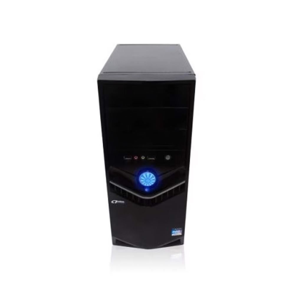 Gabinete negro Acteck, compatible con tarjetas ATX, 2 bahías externas de 5.25" y 1 de 3.5". Dos bahías internas de 3.5". . Fuente de poder 500w, conectores frontales USB