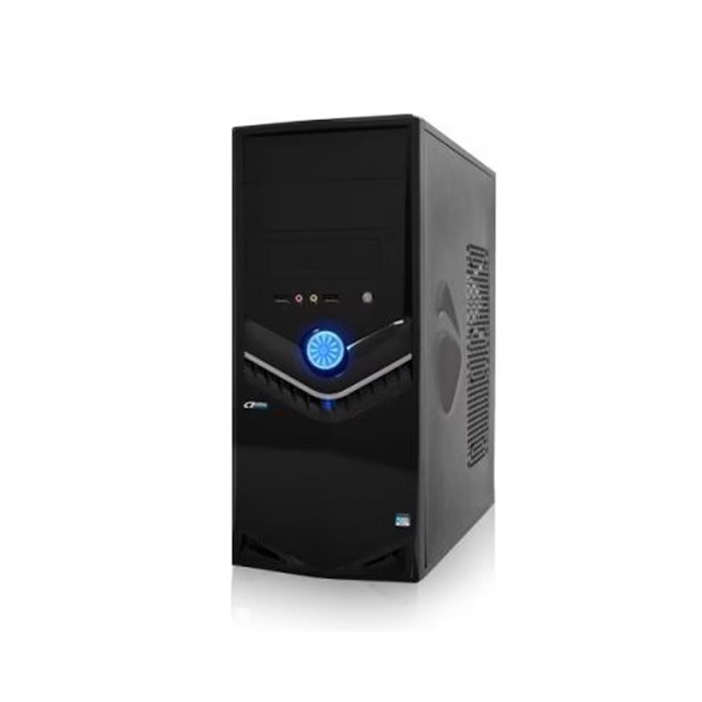 Gabinete negro Acteck, compatible con tarjetas ATX, 2 bahías externas de 5.25" y 1 de 3.5". Dos bahías internas de 3.5". . Fuente de poder 500w, conectores frontales USB