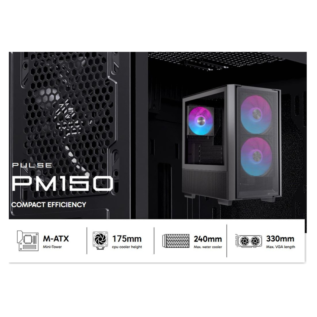 Gabinete para PC EINAREX PM150 RGB Black - EXCS-PM-150R-B, Mid-Tower, Panel de Vidrio Templado, Iluminación RGB, Alto Flujo de Aire