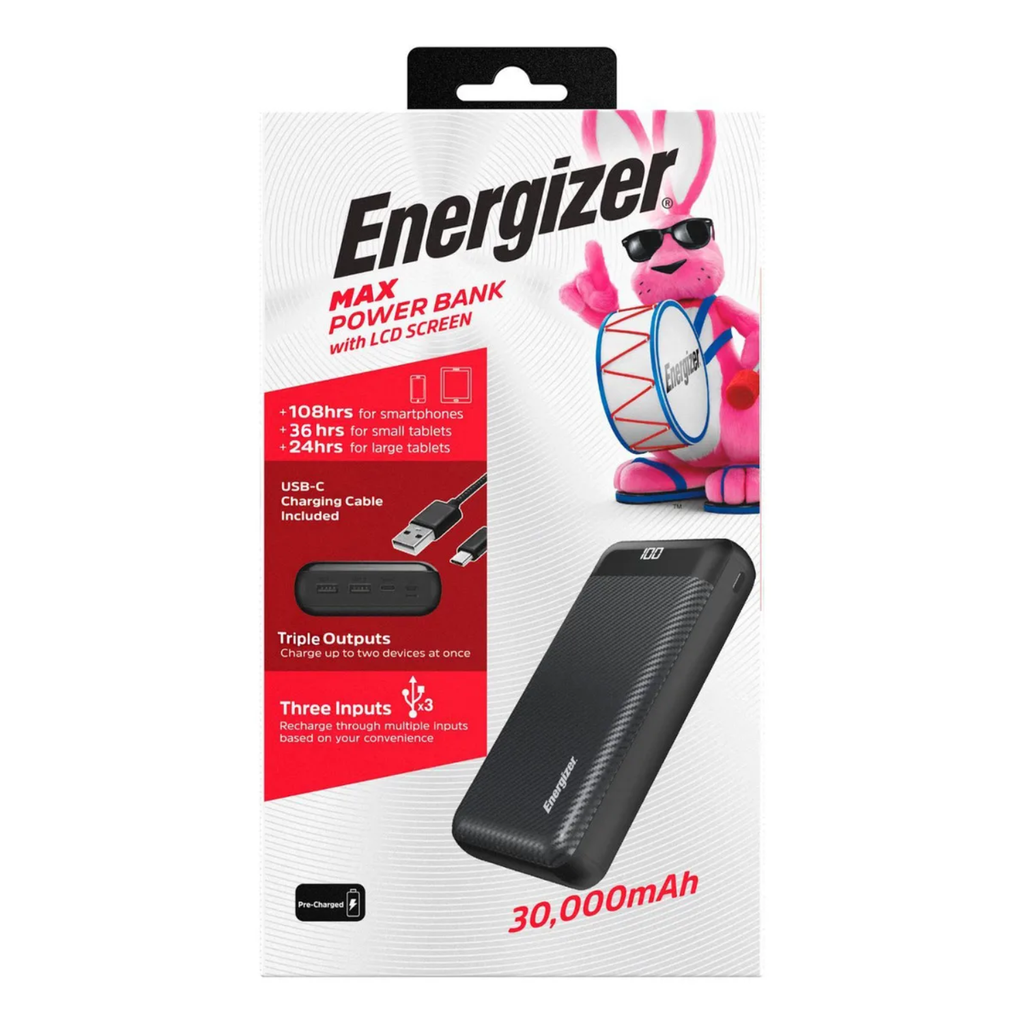 Energizer MAX Power Bank 30,000mAh – Carga Rápida 15W, 2 USB-A + 1 USB-C, Pantalla LCD, Alta Capacidad, Color Negro