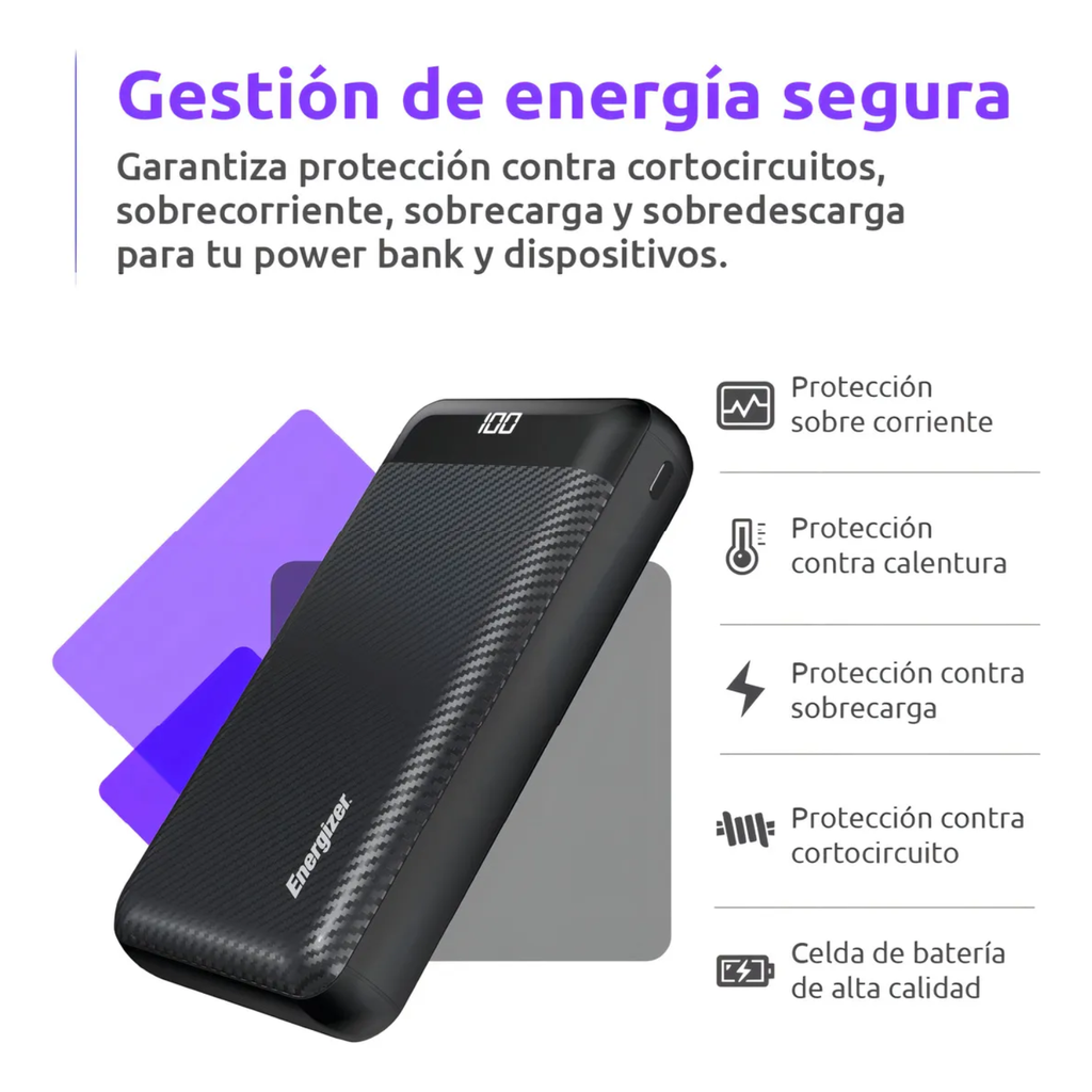 Energizer MAX Power Bank 30,000mAh – Carga Rápida 15W, 2 USB-A + 1 USB-C, Pantalla LCD, Alta Capacidad, Color Negro
