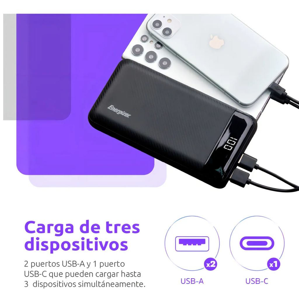 Energizer MAX Power Bank 30,000mAh – Carga Rápida 15W, 2 USB-A + 1 USB-C, Pantalla LCD, Alta Capacidad, Color Negro