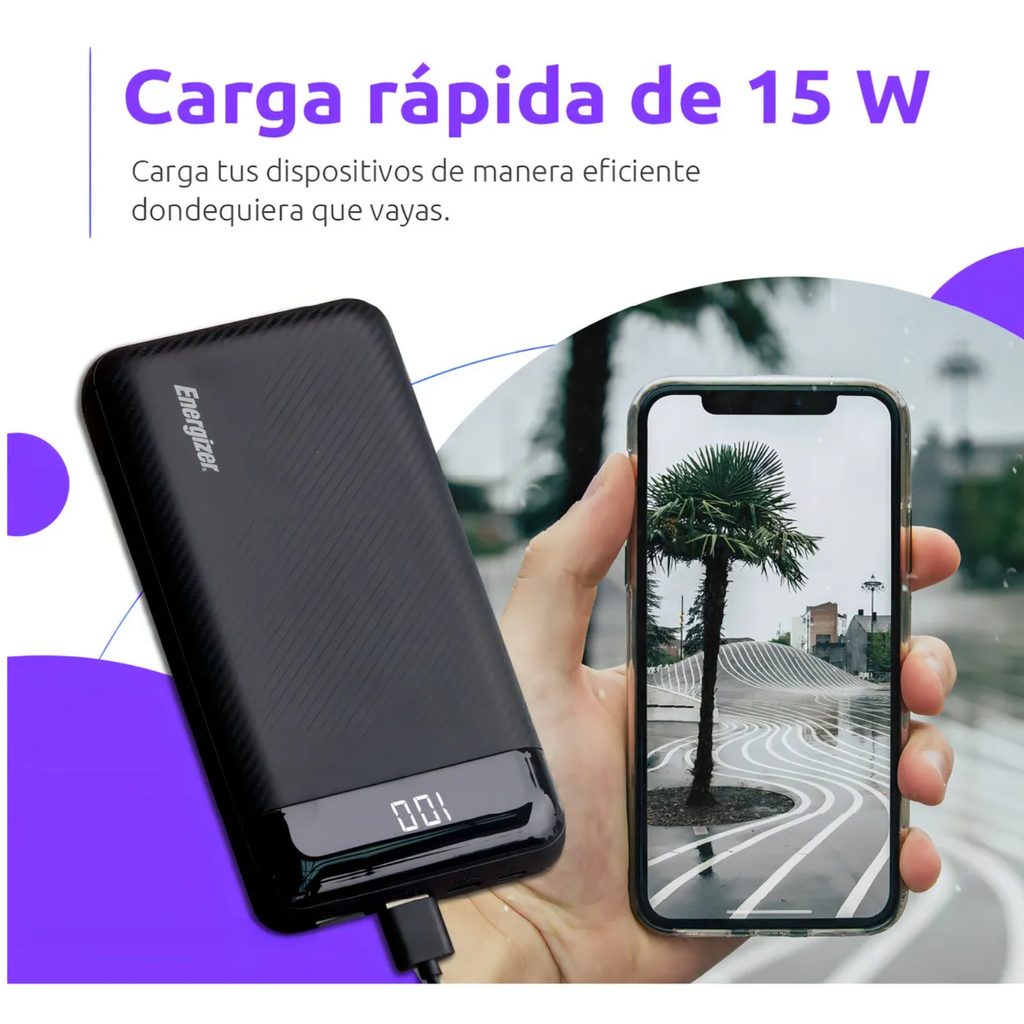 Energizer MAX Power Bank 30,000mAh – Carga Rápida 15W, 2 USB-A + 1 USB-C, Pantalla LCD, Alta Capacidad, Color Negro