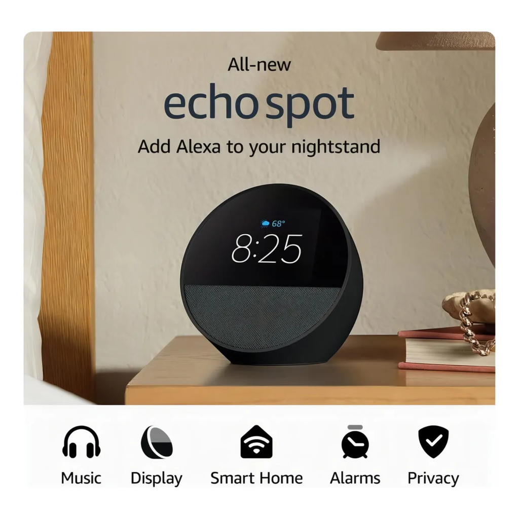 Amazon Echo Spot (Modelo 2024) Reloj Despertador Inteligente con Alexa - Black (BV84J9)