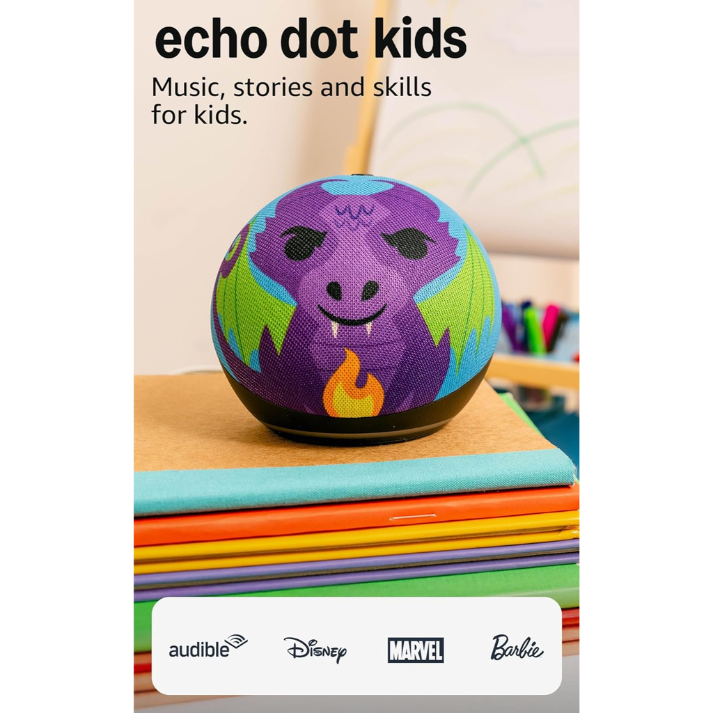 Amazon Echo Dot Kids 5th Gen (Fire Dragon) – Bocina Inteligente con Alexa, Control Parental, Audio Mejorado, Incluye 1 Año de Amazon Kids+ (UPC 840080543413)