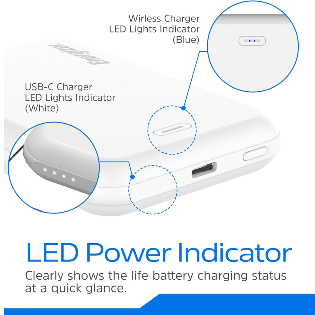 Energizer Magnetic Power Bank 5,000mAh – Carga Rápida 15W, USB-C, Compatible con MagSafe, Color White