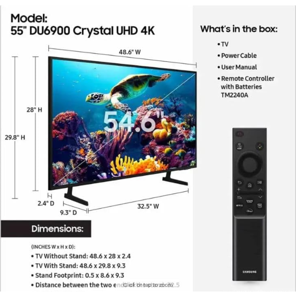 Samsung UN55DU6900FXZA – Smart TV 55" 4K Crystal UHD DU6900 Series, HDR, Procesador Crystal 4K, Tizen OS – Refurbished Grade A/B