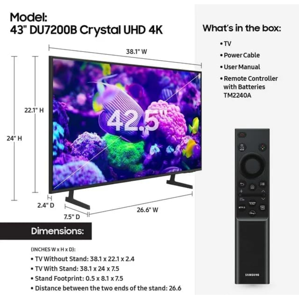 Samsung UN43DU7200BXZA 43" Crystal UHD 4K Smart TV – HDR, Tizen OS, AirSlim Design, Wi-Fi – Refurbished
