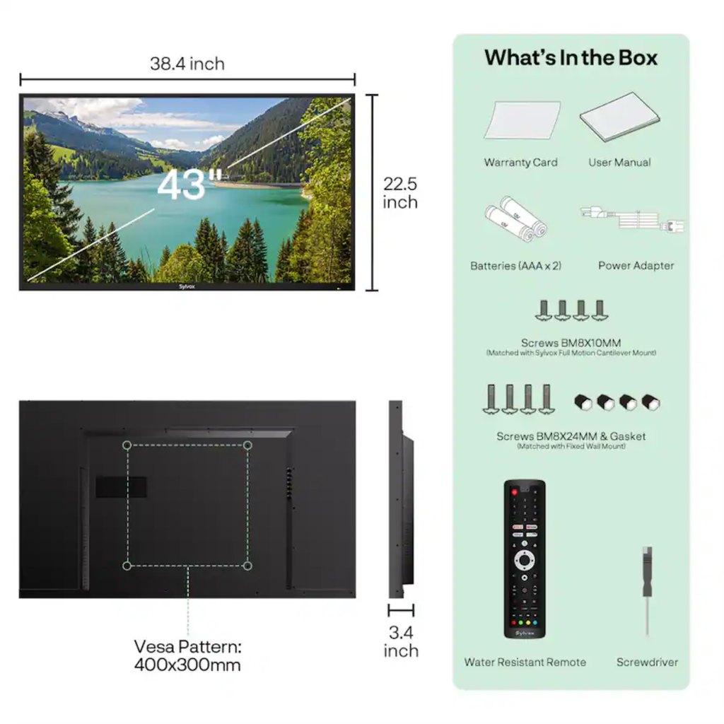 Patio 43" Outdoor TV OT43B1KHGB – Pantalla para Exteriores Partial Sun, 700 nits, Google TV, Resistente al Clima – Nuevo