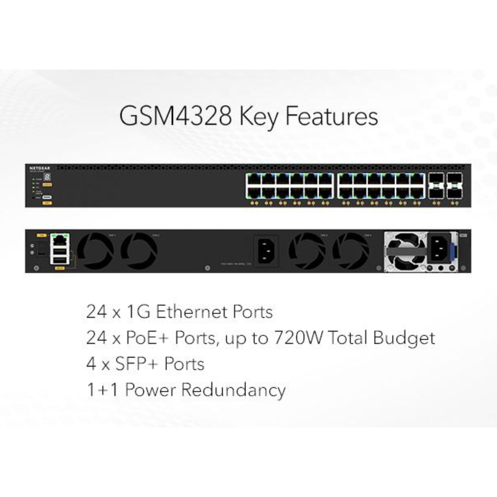 NETGEAR GSM4328-100NES – Switch 28 Puertos 10Gbps, Managed L2/L3, ARM Cortex A57, 2GB RAM, IGMP Plus y AV User Interface para Instalaciones AV Profesionales – Nuevo
