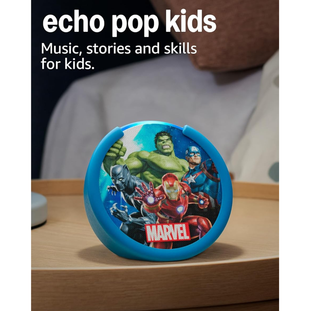 Amazon Echo Pop Kids – Bocina Inteligente con Alexa, Edición Marvel’s Avengers, Control Parental, Audio Mejorado, Contenido Kids+ (Nuevo)
