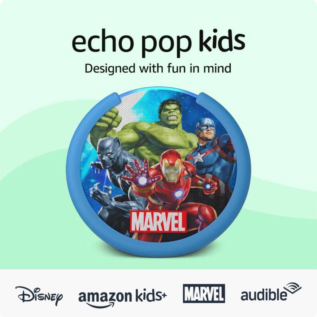 Amazon Echo Pop Kids – Bocina Inteligente con Alexa, Edición Marvel’s Avengers, Control Parental, Audio Mejorado, Contenido Kids+ (Nuevo)