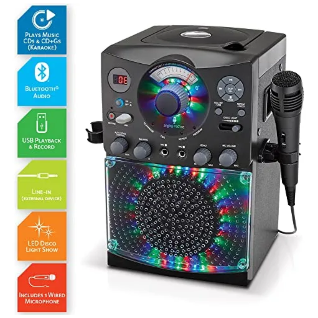 Sistema de Karaoke Singing Machine SML385UBK | Bluetooth | Luces de Discoteca LED | Reproductor CD+G y USB | Color Negro | Nuevo