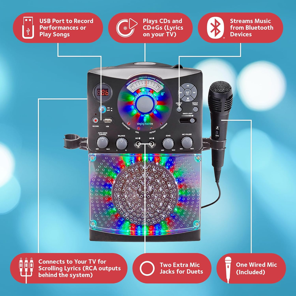 Sistema de Karaoke Singing Machine SML385UBK | Bluetooth | Luces de Discoteca LED | Reproductor CD+G y USB | Color Negro | Nuevo