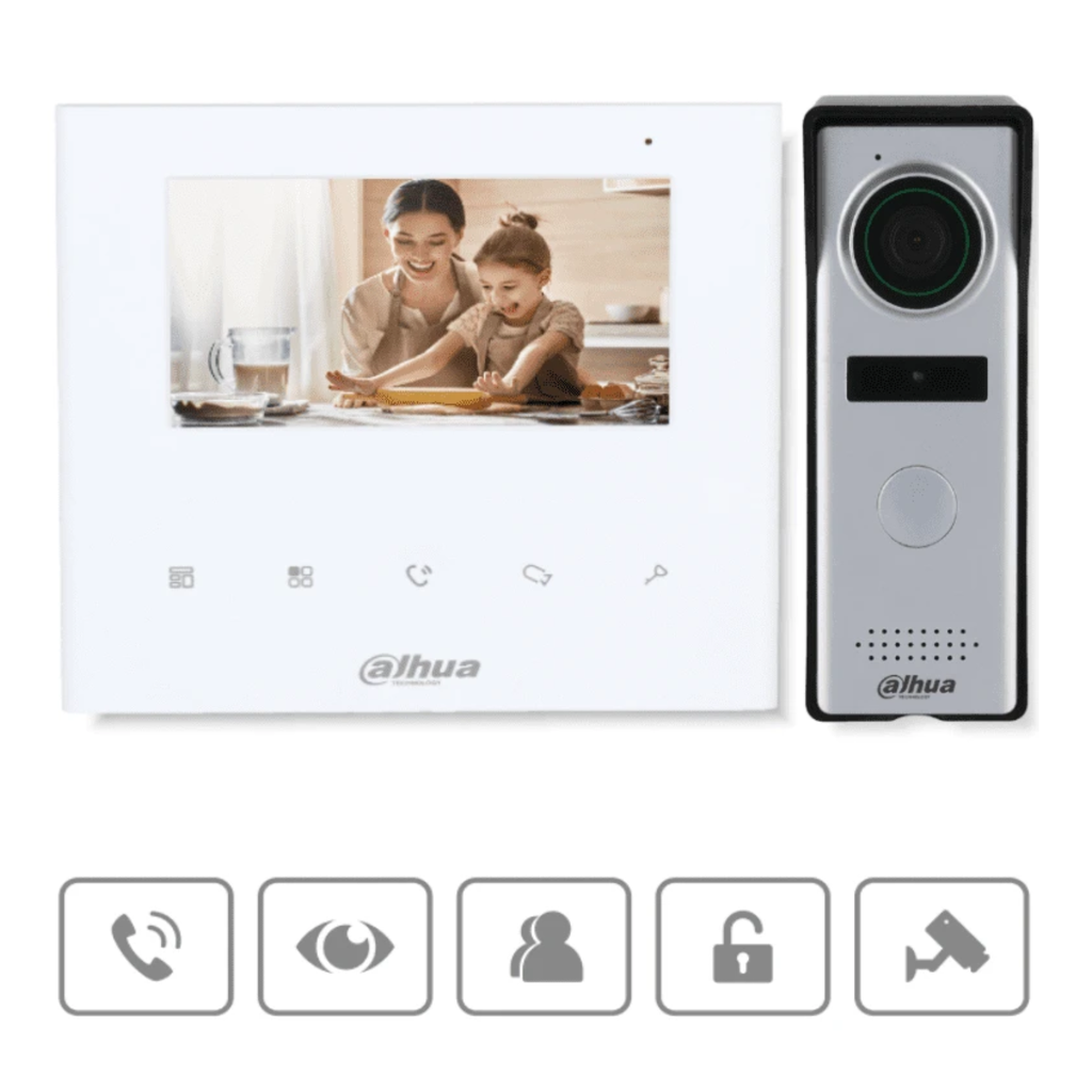 DAHUA DHI-KTA04 - Kit de videoportero analógico con monitor de 4.3" y botones táctiles. Incluye frente de calle con cámara de 1.3 MP, múltiples tonos de timbre personalizables, y función de apertura de puerta para mayor seguridad y comodidad.