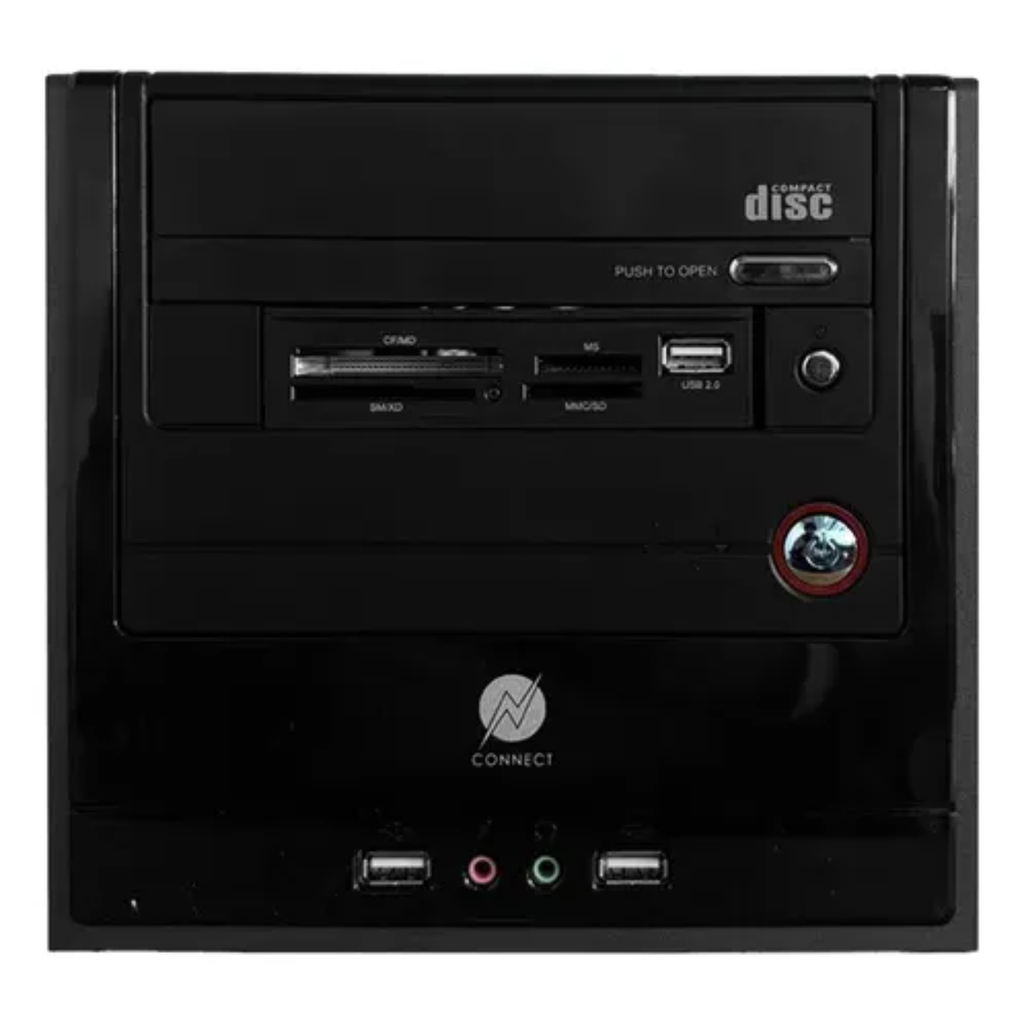 Gabinete Connect con Fuente de Poder | Kit Completo 4-en-1: Teclado USB, Mouse Óptico, Bocinas Jack 3.5mm | Color Negro