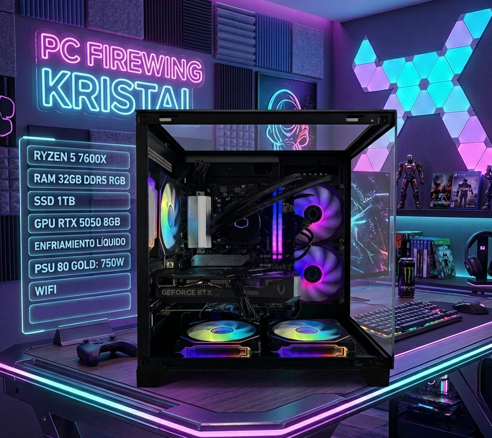 PC HY Gaming Kristal – Ryzen 5 7600X – RTX 5050 8GB – 32GB DDR5 RGB – Liquid Cooling – W11Prueba