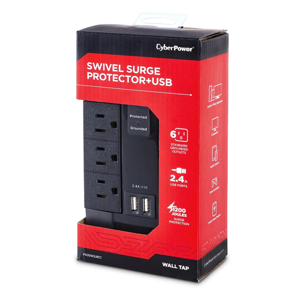 Supresor de Picos Cyberpower P600WSURC1, 6 Contactos, 2 USB, 1200 Joules - Negro