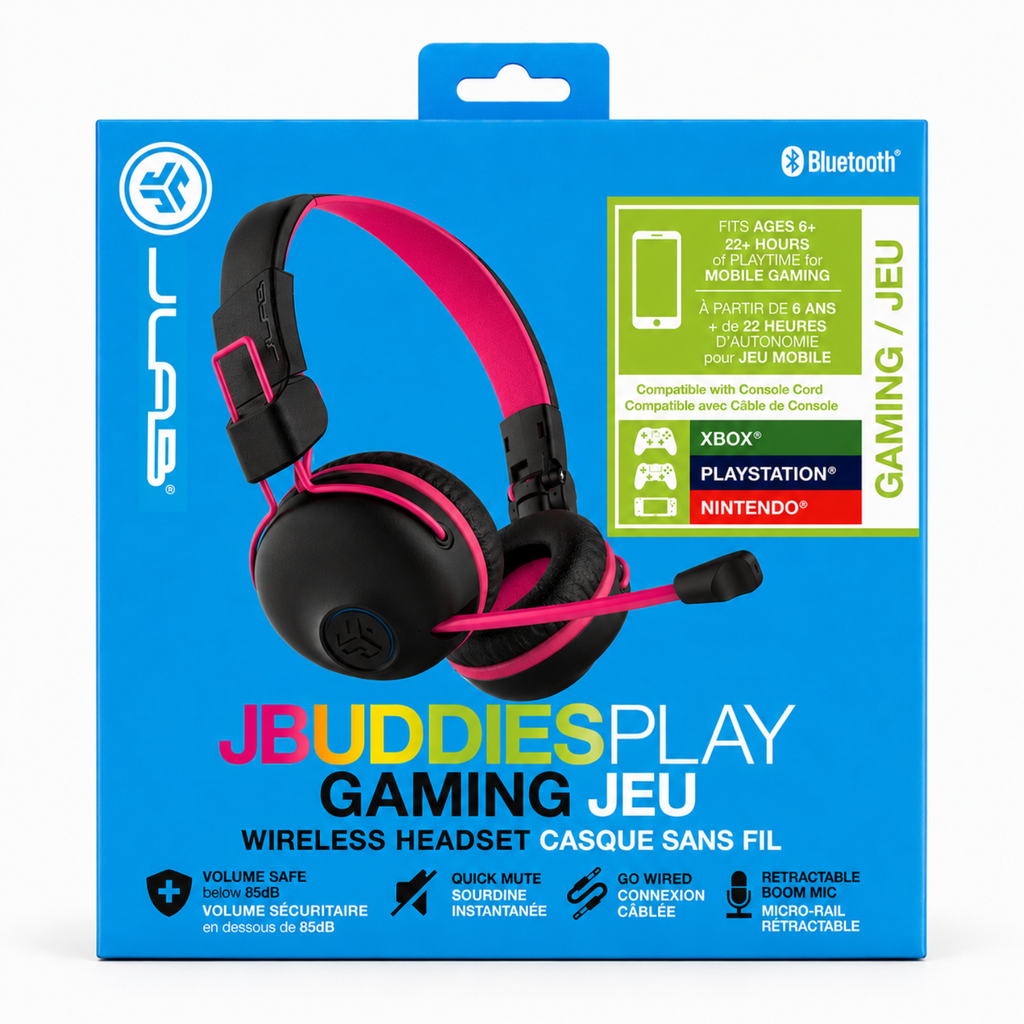 JLab JBuddies Play Gaming Wireless Kids Headset, Pink, 22+ Hour Bluetooth 5 Playtime 60ms Super-Low Latency for Mobile Gameplay, Retractable Boom Mic, AUX Cord Compatible w/Gaming Consoles