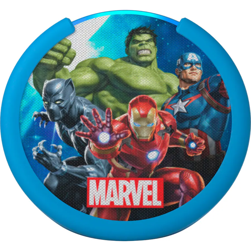 Amazon Echo Pop Kids – Bocina Inteligente con Alexa, Edición Marvel’s Avengers, Control Parental, Audio Mejorado, Contenido Kids+ (Nuevo)