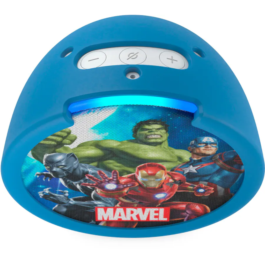 Amazon Echo Pop Kids – Bocina Inteligente con Alexa, Edición Marvel’s Avengers, Control Parental, Audio Mejorado, Contenido Kids+ (Nuevo)