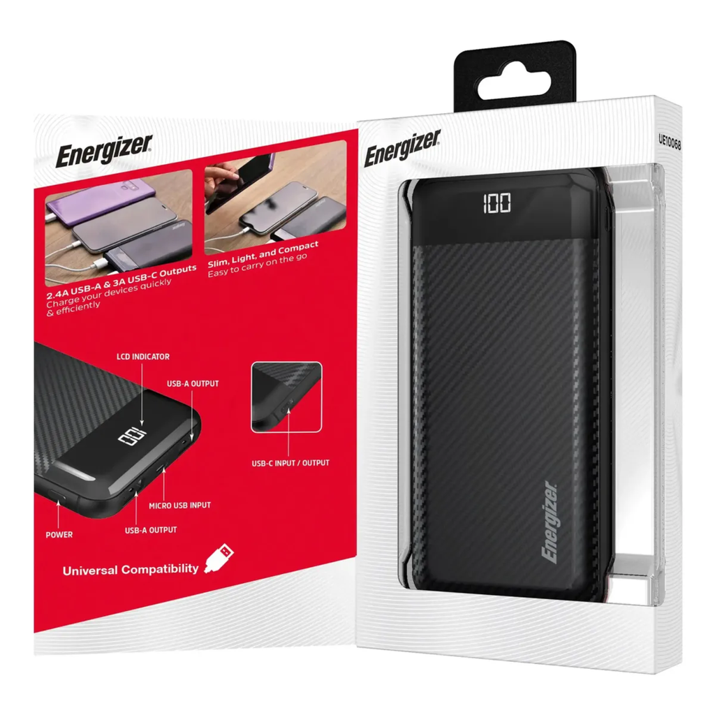 Power Bank Energizer UE10068 10,000mAh Slim Negro - Doble Salida USB