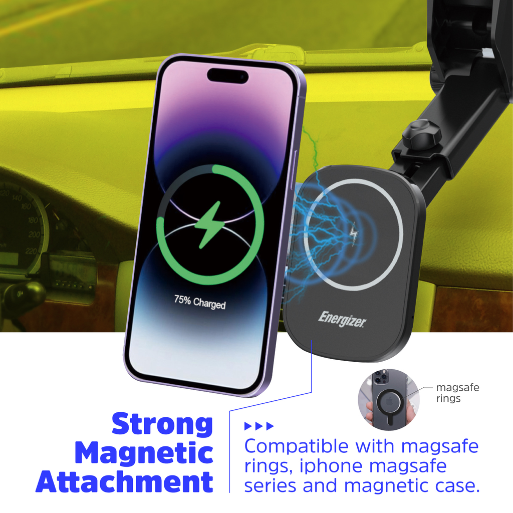 Energizer Ultimate 15W Wireless Car Charger – Cargador Inalámbrico para Auto, 3 Soportes Incluidos, Carga Rápida, Color Black