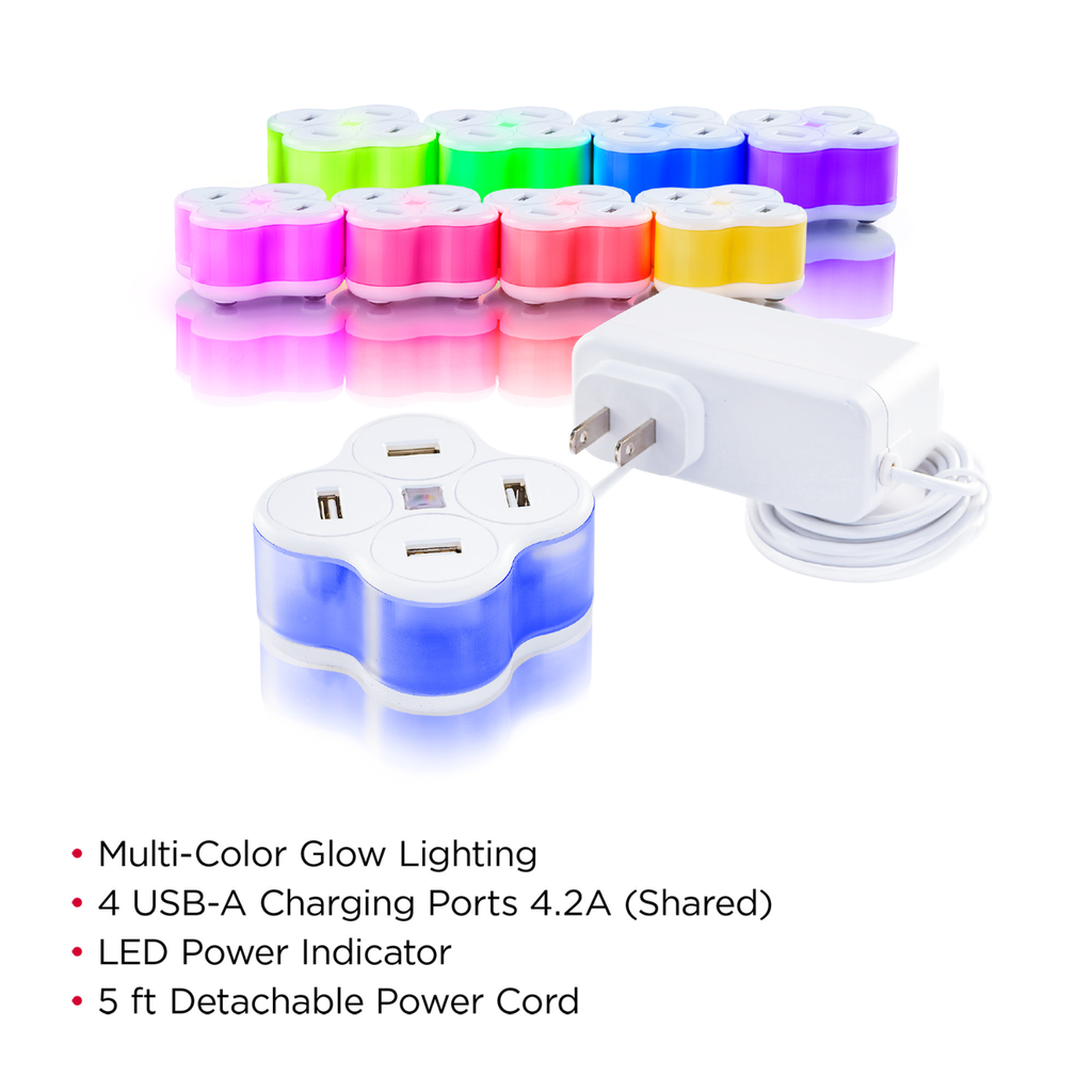 Cargador USB de Escritorio 4 Puertos 2.1A con Lámpara LED Multicolor y Cable de Alimentación