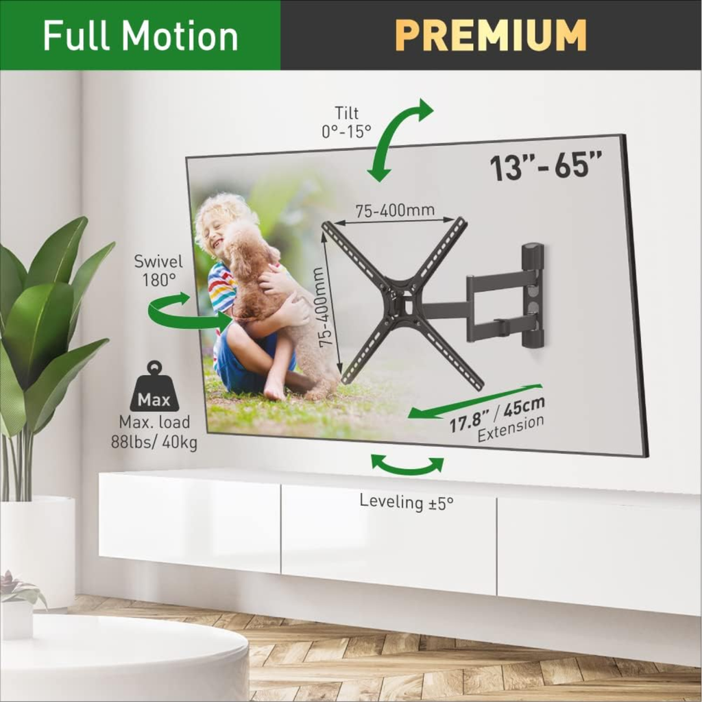 Barkan Soporte de Pared para TV 13"–65" – Brazo Largo Full Motion, Articulado 4 Movimientos, Compatible con Pantallas Planas y Curvas