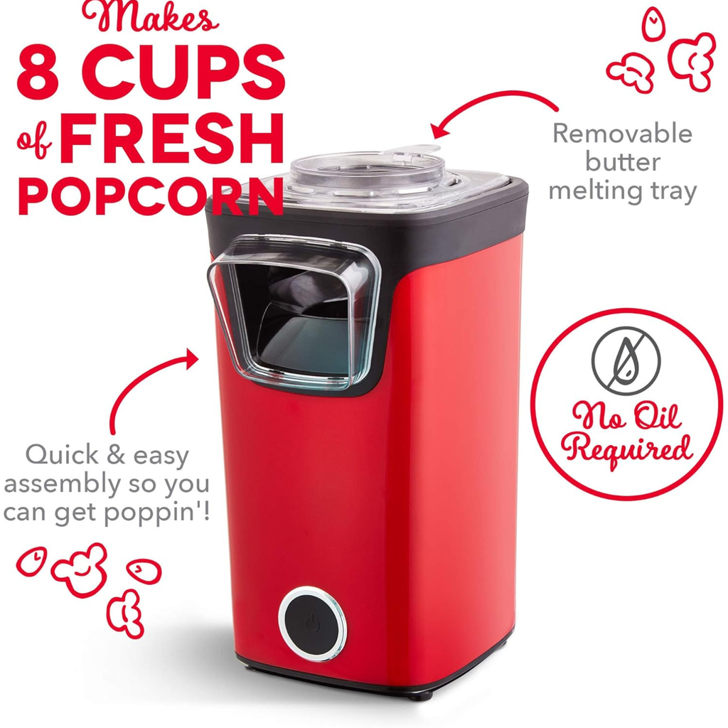 Máquina de Palomitas Dash Turbo Pop 8 Tazas – Aire Caliente, Sin Aceite, Taza Medidora/Bandeja para Mantequilla, Color Rojo