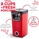 Máquina de Palomitas Dash Turbo Pop 8 Tazas – Aire Caliente, Sin Aceite, Taza Medidora/Bandeja para Mantequilla, Color Rojo
