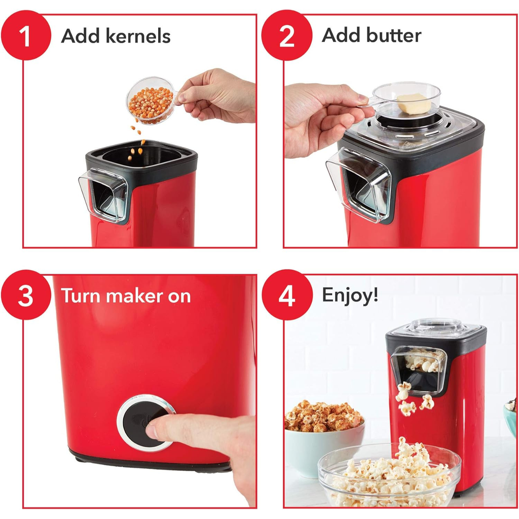 Máquina de Palomitas Dash Turbo Pop 8 Tazas – Aire Caliente, Sin Aceite, Taza Medidora/Bandeja para Mantequilla, Color Rojo