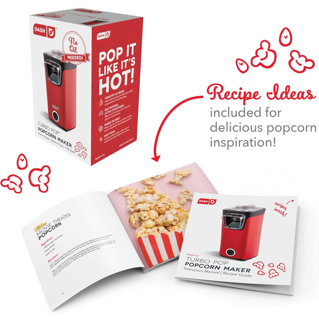 Máquina de Palomitas Dash Turbo Pop 8 Tazas – Aire Caliente, Sin Aceite, Taza Medidora/Bandeja para Mantequilla, Color Rojo